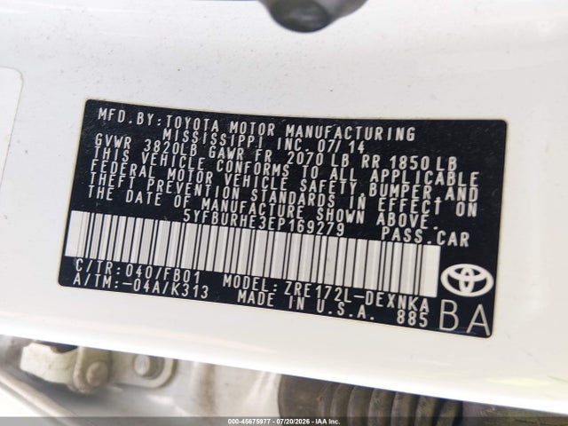 Продажа на аукционе авто 2014 Toyota Corolla Le, vin: 5YFBURHE3EP169279, номер лота: 45675977