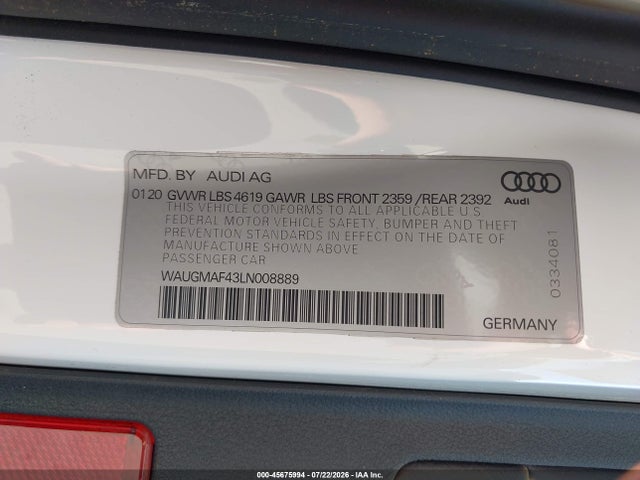 Продажа на аукционе авто 2020 Audi A4 Premium 40 Tfsi Front-wheel Drive S Tronic, vin: WAUGMAF43LN008889, номер лота: 45675994