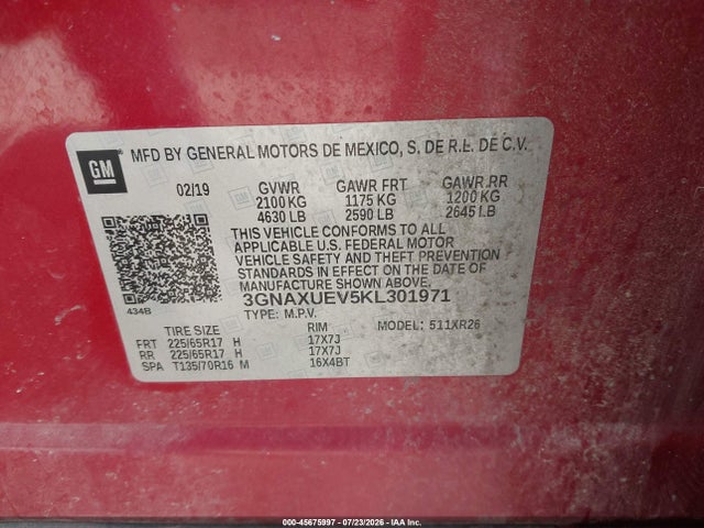 Chevrolet EQUINOX LT 2019 3GNAXUEV5KL301971 Image 9