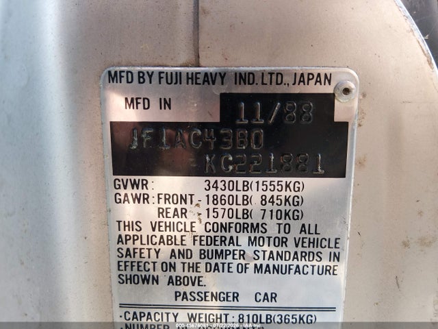 Продаж на аукціоні авто 1989 Subaru Gl, vin: JF1AC43B0KC221881, номер лоту: 45676081