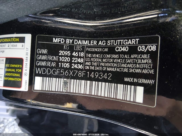 45676086 :رقم المزاد ، WDDGF56X78F149342 vin ، 2008 Mercedes-benz C 350 Sport مزاد بيع