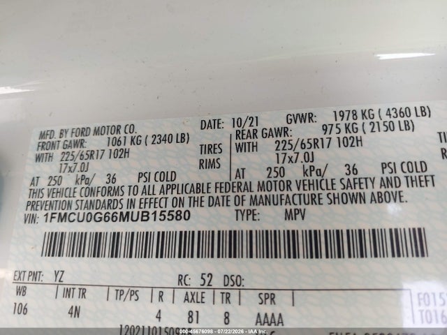 Aukcja sprzedaży 2021 Ford Escape Se, vin: 1FMCU0G66MUB15580, numer aukcji: 45676098
