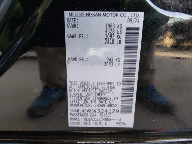 Продаж на аукціоні авто 2025 Nissan Altima S Fwd, vin: 1N4BL4BV8SN324129, номер лоту: 45676115
