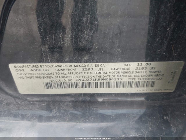 Продаж на аукціоні авто 2009 Volkswagen Jetta S, vin: 3VWJZ71K99M084135, номер лоту: 45676116