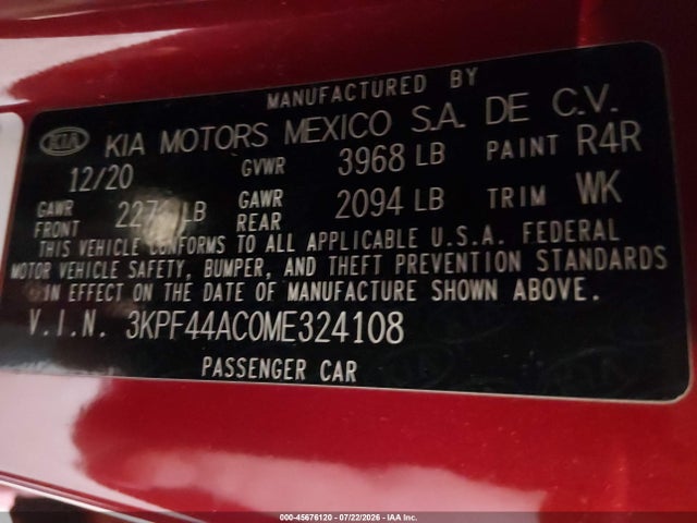 Auction sale of the 2021 Kia Forte Gt, vin: 3KPF44AC0ME324108, lot number: 45676120