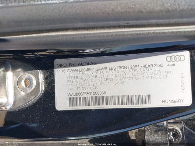Aukcja sprzedaży 2016 Audi A3 2.0t Premium, vin: WAUB8GFF3G1058868, numer aukcji: 45676145