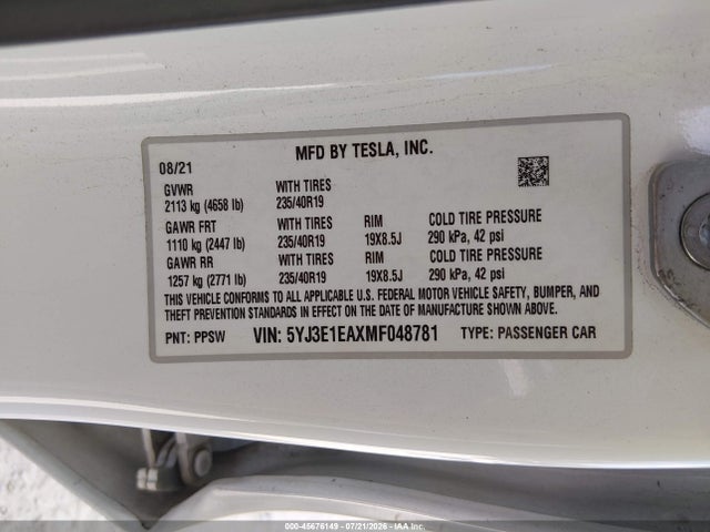 Tesla Model 3 Standard Range Plus Rear-wheel Drive 2021 5YJ3E1EAXMF048781 Image 9