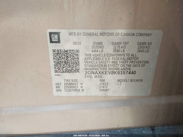 2019 Chevrolet Equinox Lt მანქანა იყიდება აუქციონზე, vin: 2GNAXKEV8K6157440, აუქციონის ნომერი: 45676155