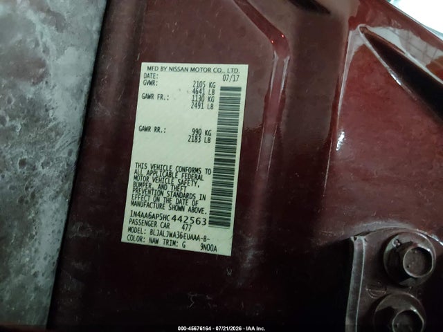 2017 Nissan Maxima 3.5 Sv მანქანა იყიდება აუქციონზე, vin: 1N4AA6AP5HC442563, აუქციონის ნომერი: 45676164
