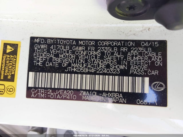 Продажа на аукционе авто 2015 Lexus Ct 200h, vin: JTHKD5BH4F2240323, номер лота: 45676176