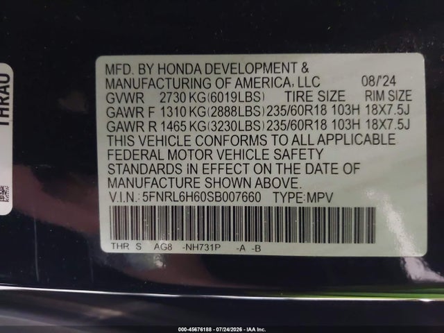 Aukcja sprzedaży 2025 Honda Odyssey Ex-l, vin: 5FNRL6H60SB007660, numer aukcji: 45676188