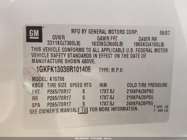 Aukcja sprzedaży 2008 Gmc Yukon Slt, vin: 1GKFK13038R101406, numer aukcji: 45676191