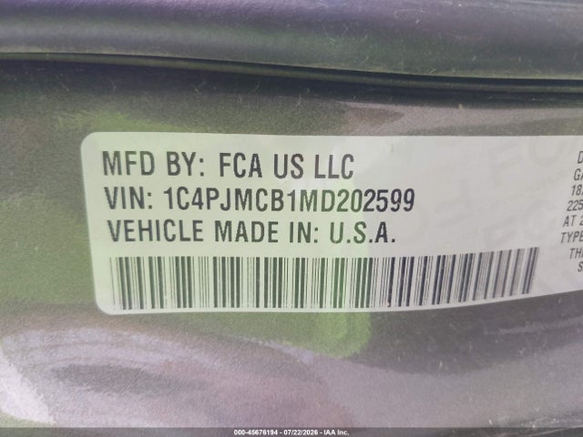 45676194 :رقم المزاد ، 1C4PJMCB1MD202599 vin ، 2021 Jeep Cherokee Latitude 4x4 مزاد بيع