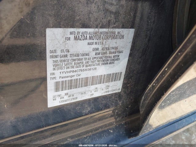 45676206 :رقم المزاد ، 1YVHP84C765M36125 vin ، 2006 Mazda Mazda6 Sport I مزاد بيع