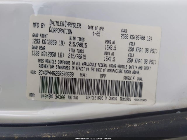 Продаж на аукціоні авто 2005 Chrysler Town & Country Lx, vin: 2C4GP44R25R509630, номер лоту: 45676211