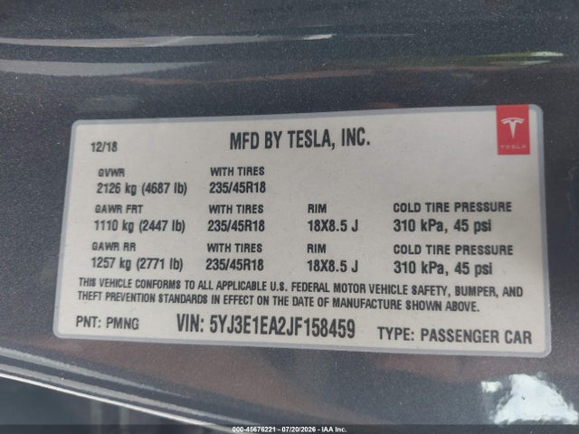 Tesla Model 3 Long Range/mid Range 2018 5YJ3E1EA2JF158459 Image 9