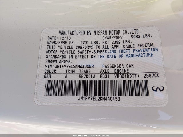 45676226 :رقم المزاد ، JN1FV7EL2KM440453 vin ، 2019 Infiniti Q60 3.0t Red Sport 400 مزاد بيع