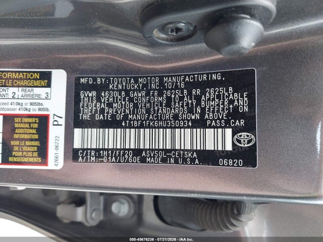 Aukcja sprzedaży 2017 Toyota Camry Se, vin: 4T1BF1FK6HU350934, numer aukcji: 45676236