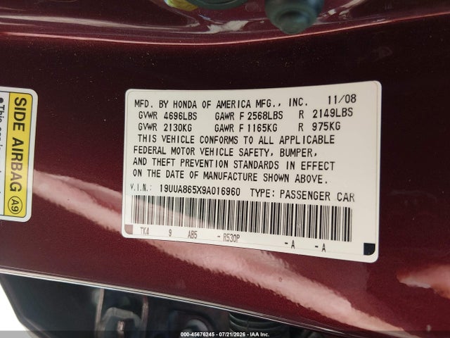 Aukcja sprzedaży 2009 Acura Tl 3.5, vin: 19UUA865X9A016960, numer aukcji: 45676245