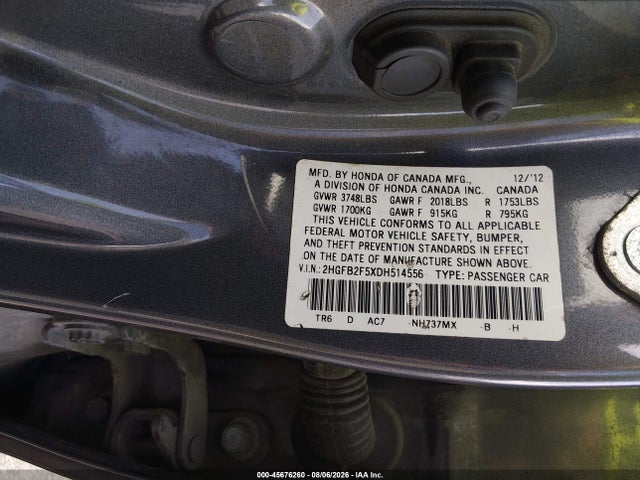 Aukcja sprzedaży 2013 Honda Civic Lx, vin: 2HGFB2F5XDH514556, numer aukcji: 45676260