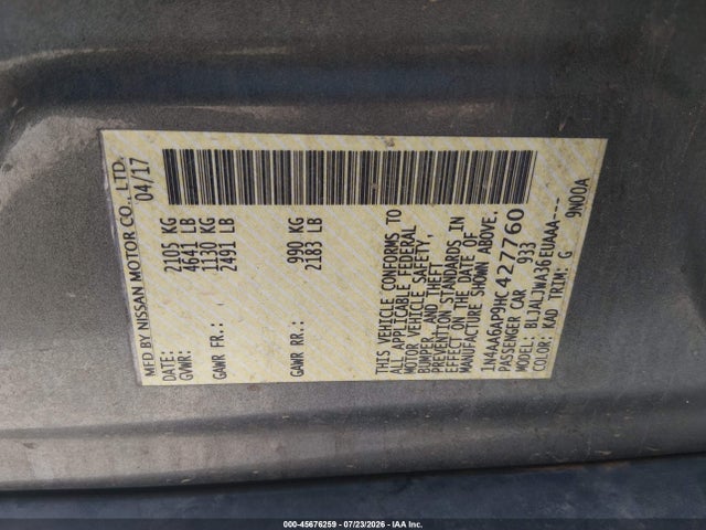 Nissan Maxima 3.5 Sv 2017 1N4AA6AP9HC427760 Image 9