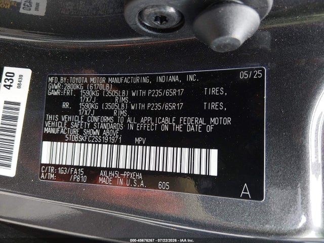 Продаж на аукціоні авто 2025 Toyota Sienna Le, vin: 5TDBSKFC2SS191971, номер лоту: 45676267