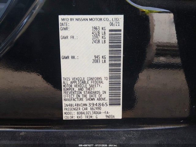 Aukcja sprzedaży 2021 Nissan Altima S Fwd, vin: 1N4BL4BV1MN394865, numer aukcji: 45676277