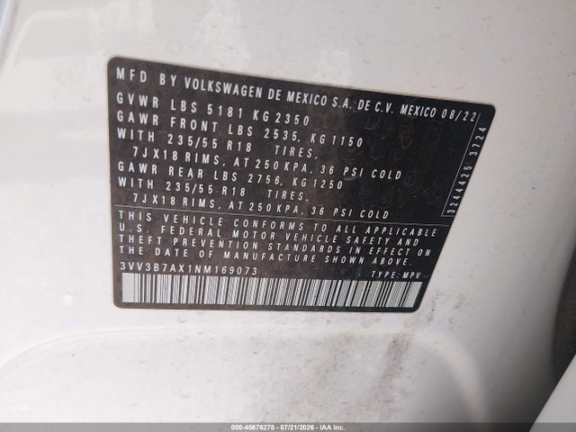 Aukcja sprzedaży 2022 Volkswagen Tiguan 2.0t Se, vin: 3VV3B7AX1NM169073, numer aukcji: 45676278