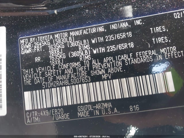 Toyota Highlander Xle 2020 5TDHZRAH8LS007653 Image 9