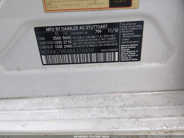 Aukcja sprzedaży 2011 Mercedes-benz S 550, vin: WDDNG7BB8BA376439, numer aukcji: 45676292