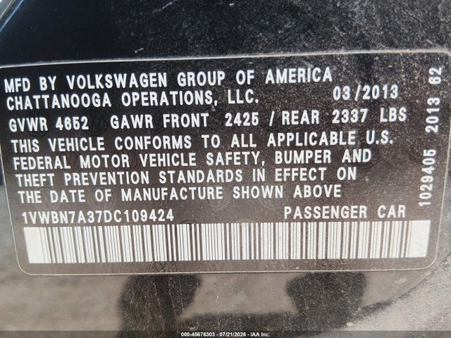 Продажа на аукционе авто 2013 Volkswagen Passat 2.0l Tdi Se, vin: 1VWBN7A37DC109424, номер лота: 45676303