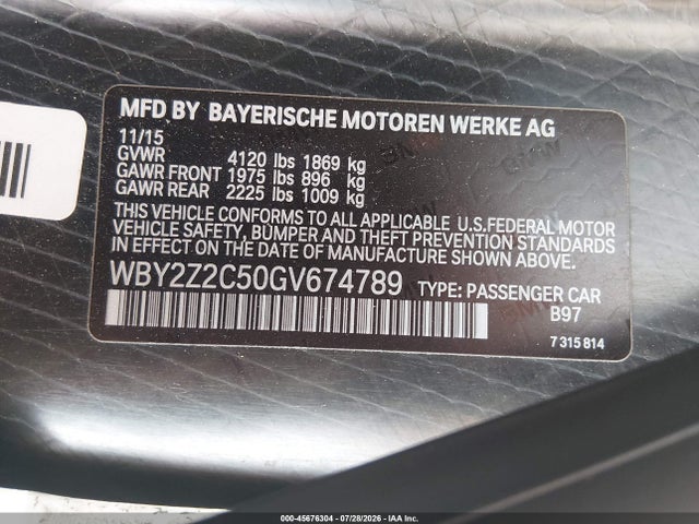 45676304 :رقم المزاد ، WBY2Z2C50GV674789 vin ، 2016 Bmw I8 مزاد بيع