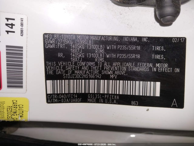 2017 Toyota Sienna Le 7 Passenger მანქანა იყიდება აუქციონზე, vin: 5TDJZ3DC2HS166142, აუქციონის ნომერი: 45676305