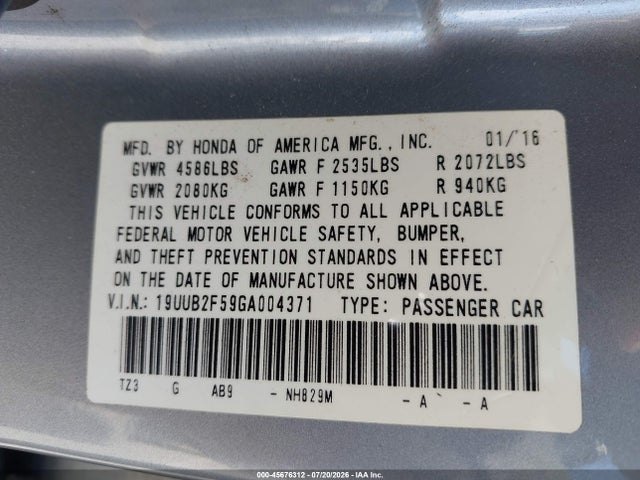 19UUB2F59GA004371 Acura Tlx V6 Tech