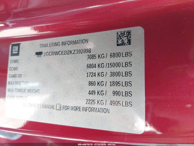 45676319 :رقم المزاد ، 1GCRWCED2KZ392898 vin ، 2019 Chevrolet Silverado 1500 Lt مزاد بيع