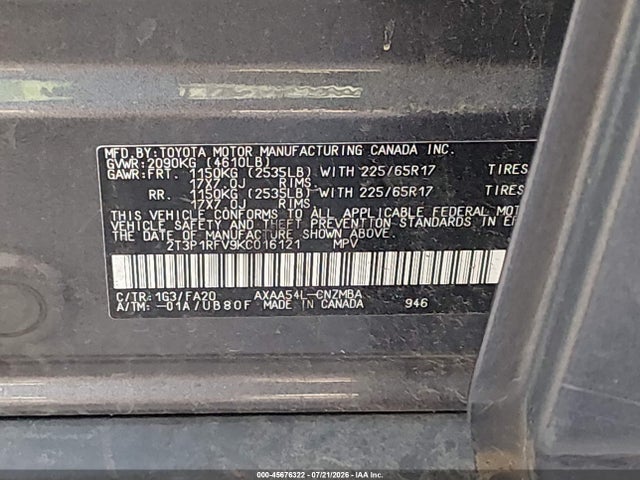 Продаж на аукціоні авто 2019 Toyota Rav4 Xle, vin: 2T3P1RFV9KC016121, номер лоту: 45676322