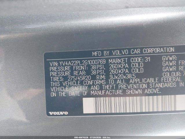 2016 Volvo Xc90 T6 Inscription მანქანა იყიდება აუქციონზე, vin: YV4A22PL2G1000769, აუქციონის ნომერი: 45676326