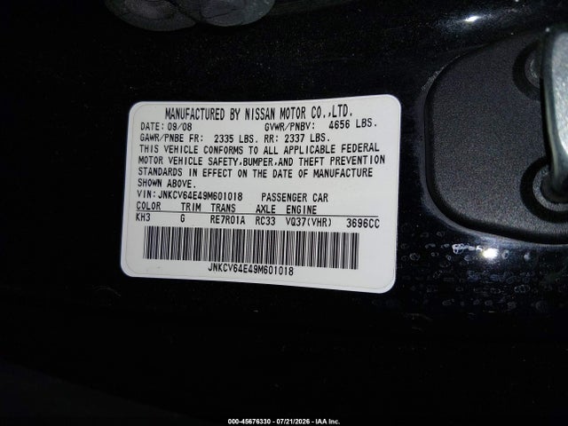 45676330 :رقم المزاد ، JNKCV64E49M601018 vin ، 2009 Infiniti G37 Journey مزاد بيع