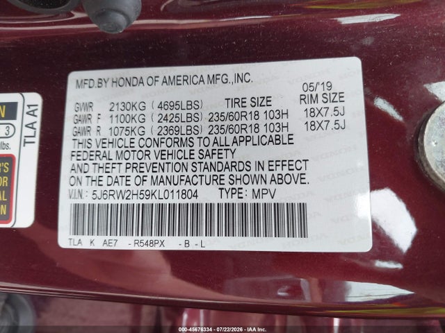 Продажа на аукционе авто 2019 Honda Cr-v Ex, vin: 5J6RW2H59KL011804, номер лота: 45676334
