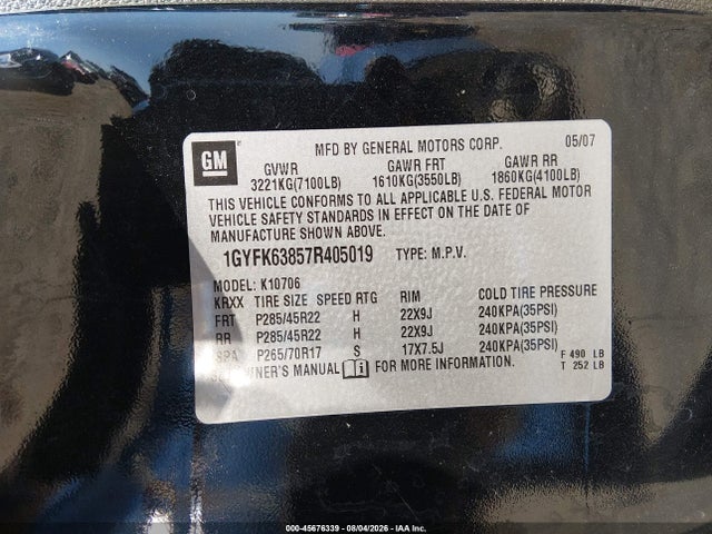 Продажа на аукционе авто 2007 Cadillac Escalade, vin: 1GYFK63857R405019, номер лота: 45676339