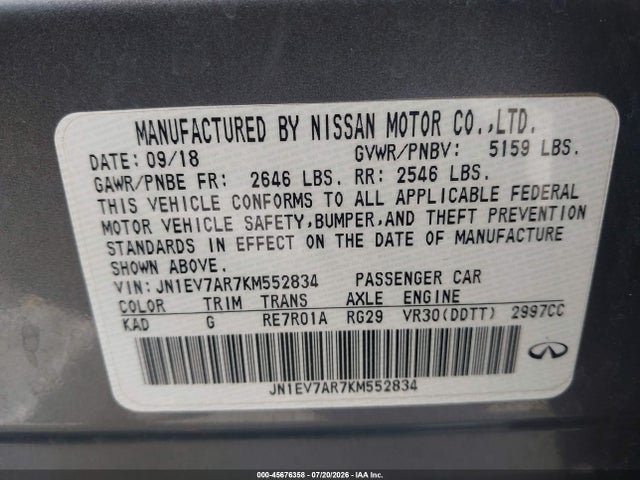 Aukcja sprzedaży 2019 Infiniti Q50 3.0t Luxe, vin: JN1EV7AR7KM552834, numer aukcji: 45676358