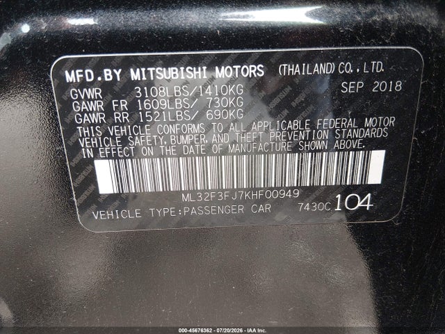 2019 Mitsubishi Mirage G4 Es მანქანა იყიდება აუქციონზე, vin: ML32F3FJ7KHF00949, აუქციონის ნომერი: 45676362