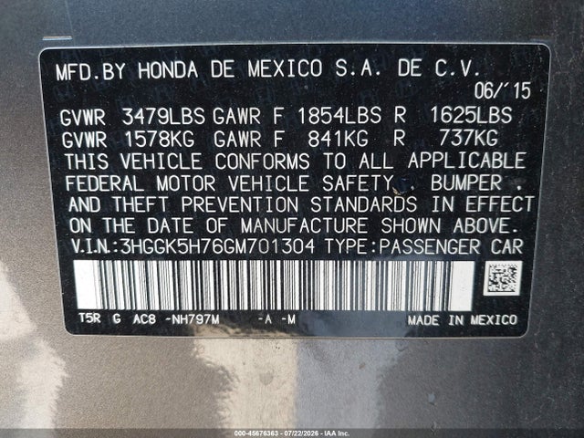 3HGGK5H76GM701304 Honda FIT EX