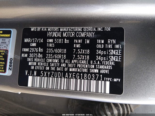 45676389 :رقم المزاد ، 5XYZUDLAXEG180371 vin ، 2014 Hyundai Santa Fe Sport 2.0l Turbo مزاد بيع