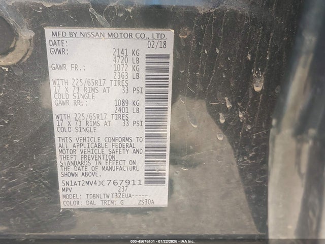 Aukcja sprzedaży 2018 Nissan Rogue Sv, vin: 5N1AT2MV4JC767911, numer aukcji: 45676401