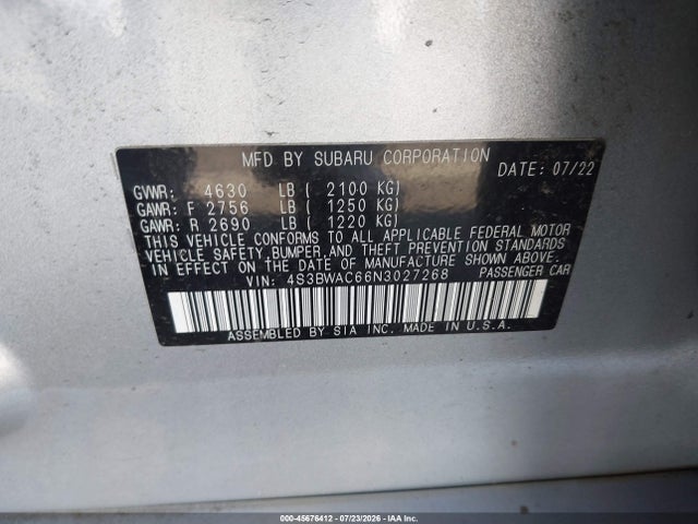 Aukcja sprzedaży 2022 Subaru Legacy Premium, vin: 4S3BWAC66N3027268, numer aukcji: 45676412