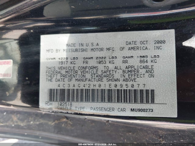 2001 Chrysler Sebring Lx მანქანა იყიდება აუქციონზე, vin: 4C3AG42H01E095077, აუქციონის ნომერი: 45676434