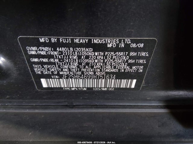 Aukcja sprzedaży 2009 Subaru Forester 2.5x Limited, vin: JF2SH64699H751634, numer aukcji: 45676456