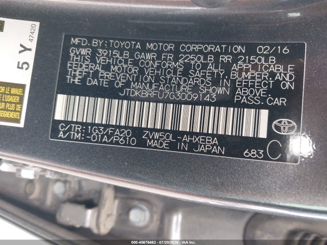 Toyota Prius Two 2016 JTDKBRFU7G3009143 Image 9