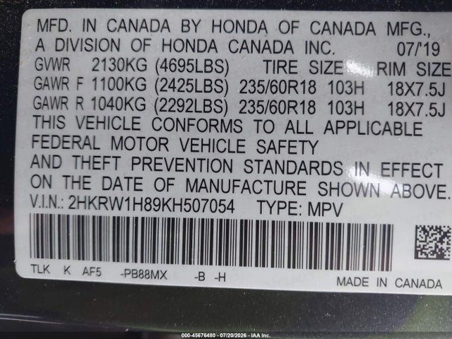 Aukcja sprzedaży 2019 Honda Cr-v Ex-l, vin: 2HKRW1H89KH507054, numer aukcji: 45676480